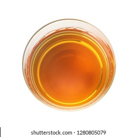 Glass Of Expensive Whiskey On White Background, Top View