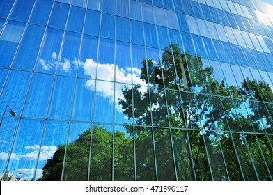 Glass Exterior Facade Of Urban Building Tree Reflection.