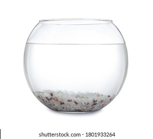 Glass fish bowl with clear water and decorative pebble isolated on white