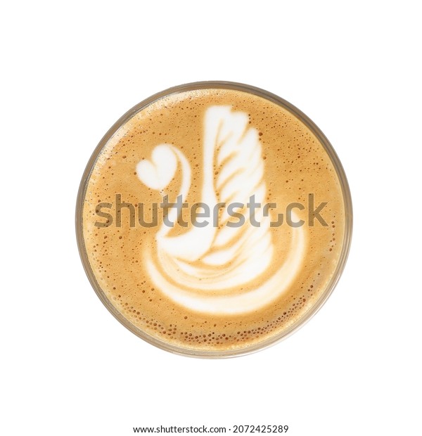 A glass flat white coffee cup with swan latte art in\
a top view
