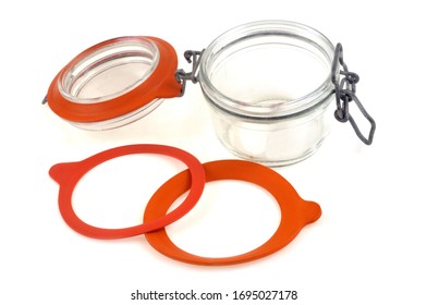 Glass Food Canning Jar With Rubber Seals On White Background