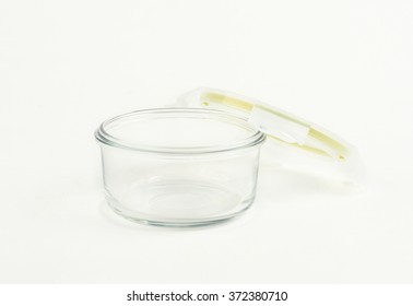 Glass Food Container With Plastic Lid On White Background