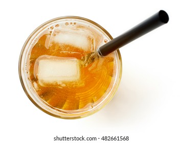 Glass Of Fresh Apple Juice Isolated On White Background, Top View