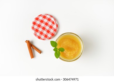 Glass Of Fresh Apple Sauce On White Background