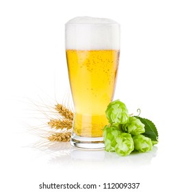 Glass Of Fresh Beer With Green Hops And Ears Of Barley Isolated On A White Background