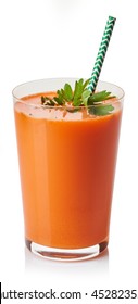 Glass of fresh carrot juice isolated on white background
