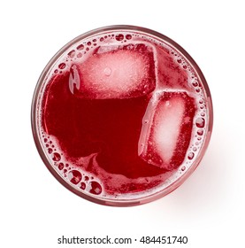 Glass Of Fresh Cranberry Juice Isolated On White Background, Top View