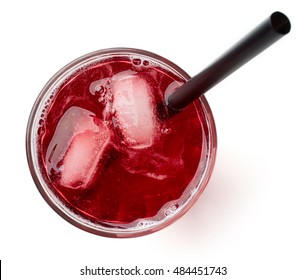 Glass Of Fresh Cranberry Juice Isolated On White Background, Top View