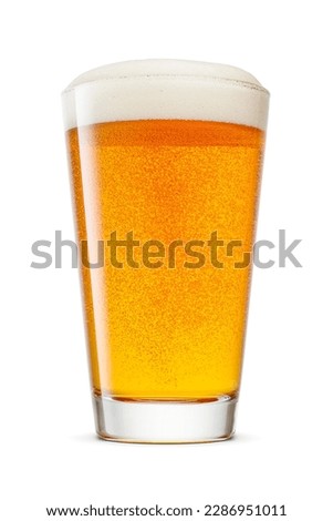 Glass of fresh delicious golden-colored beer with cap of foam isolated on white background.