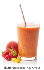 Glass Of Fresh Healthy Fruit And Berry Smoothie Isolated On White Background