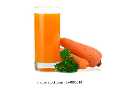 Glass of fresh healthy juice with carrot isolated on white