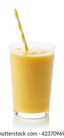 Glass of fresh healthy mango smoothie isolated on white background