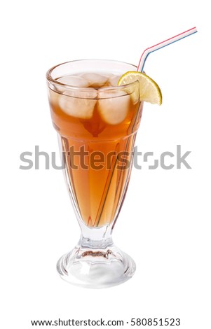 Glass of fresh juice cocktail with ice cubs and sliced lemon.  Isolated on white background