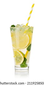 Glass of fresh lemonade isolated on white background - Shutterstock ID 2119258508