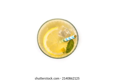 Glass Of Fresh Lemonade Isolated On White Background. Top View