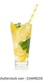 Glass of fresh lemonade isolated on white background - Shutterstock ID 2146982333
