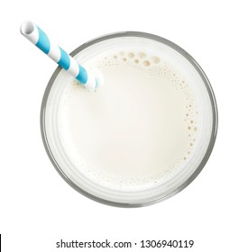 Glass of fresh milk with drinking straw, isolated on white background. Pure milk, soy milk or cow milk, cut out object.