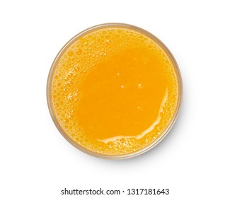 Glass Of Fresh Orange Juice Isolated On White Background, Top View