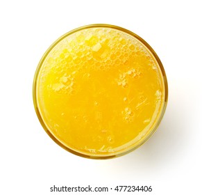 Glass Of Fresh Orange Juice Isolated On White Background, Top View