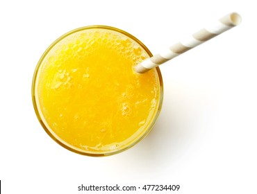 Glass Of Fresh Orange Juice Isolated On White Background, Top View