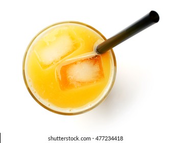 Glass Of Fresh Orange Juice Isolated On White Background, Top View