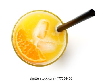 Glass Of Fresh Orange Juice Isolated On White Background, Top View