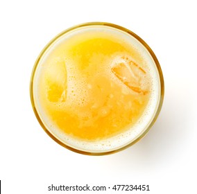 Glass Of Fresh Orange Juice Isolated On White Background, Top View