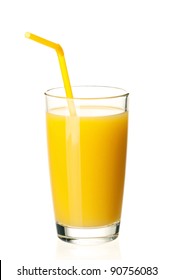 Glass Of Fresh Orange Juice With Straw On White Background