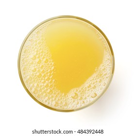 Glass Of Fresh Pineapple Juice Isolated On White Background, Top View