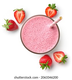 Glass of fresh strawberry milkshake or smoothie isolated on white background, top view