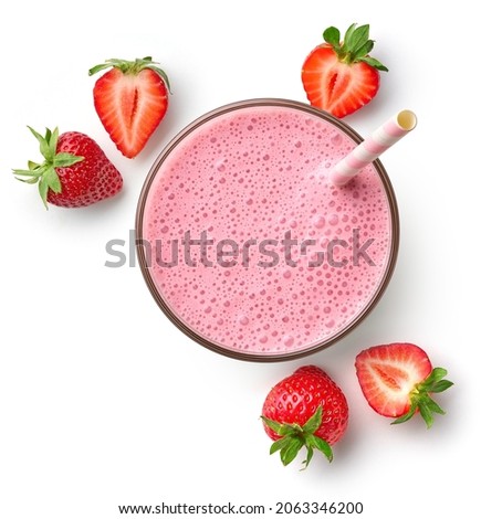Glass of fresh strawberry milkshake or smoothie isolated on white background, top view Foto d'archivio © 