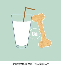Glass of fresh tasty milk and bone on light blue background, illustration. Source of calcium