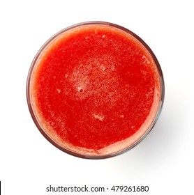 glass of fresh tomato juice isolated on white background, top view
