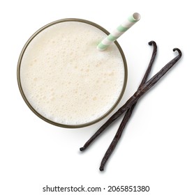 Glass Of Fresh Vanilla Milkshake Or Smoothie Isolated On White Background, Top View