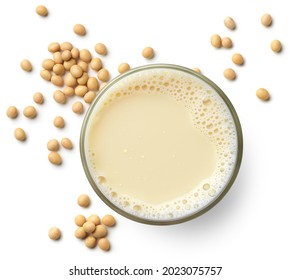 Glass Of Fresh Vegan Soy Milk Isolated On White Background, Top View. Dairy Free, Plant Based Drink.