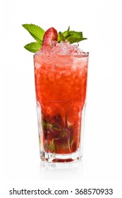 Glass of frozen cocktail mojito on white background. Strawberry lemonade.