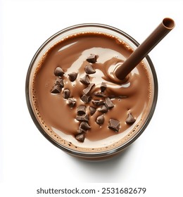 A glass full of rich and delight chocolate milkshake toped with chocolate chips and straw. Thick chocolate shake, isolated on white background. Top view. - Powered by Shutterstock