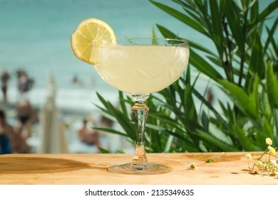 Glass Of Gimlet Cocktail. Beach Bar, Summer Sea Resort Concept.