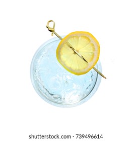 Glass Gin And Tonic Cocktail With Lemon Slice Isolated On A White Background. Top View.