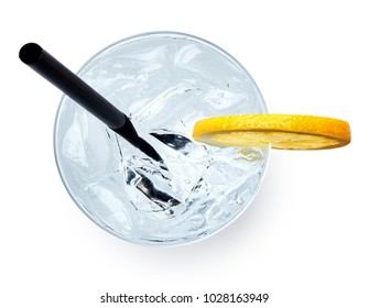 Glass Of Gin And Tonic With Slice Of Lemon Isolated On White Background. Top View