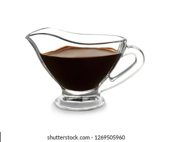 Glass Gravy Boat With Balsamic Vinegar On White Background