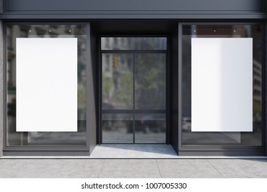 Glass And Gray Stone Cafe Facade With Two Vertical Posters And A Glass Door. A Close Up. 3d Rendering Mock Up