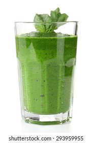 Glass Of Green Vegetable Juice With Basil Isolated On White