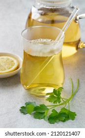 Glass With Healthy Fresh Parsley Tea Close Up