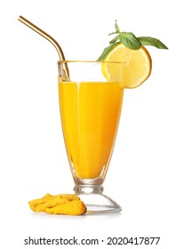 Glass Of Healthy Turmeric Drink On White Background