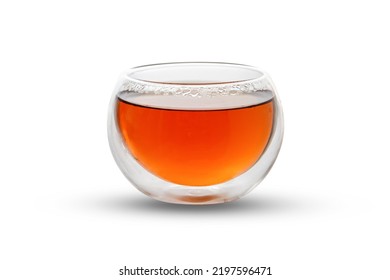 Glass of herbal tea isolated on white background with clipping path. Double Wall Glass Cup with tea.