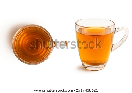 Glass of hot black tea isolated on white background. Top and front view