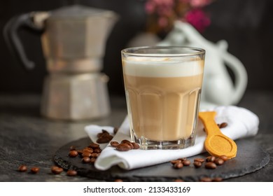 Glass of hot Latte macchiato coffee close up. - Shutterstock ID 2133433169