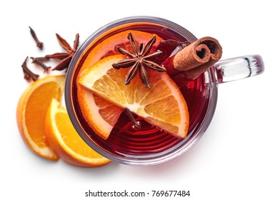 Glass Of Hot Mulled Wine With Spices Isolated On White Background. Top View