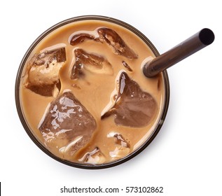 Glass of ice coffee isolated on white background from top view